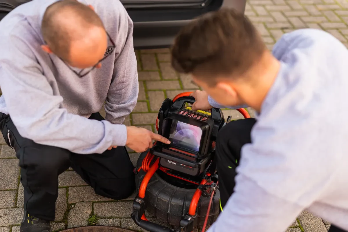 Sarotech-Techniker prüfen die Bilder der Kanalkamera am Schacht