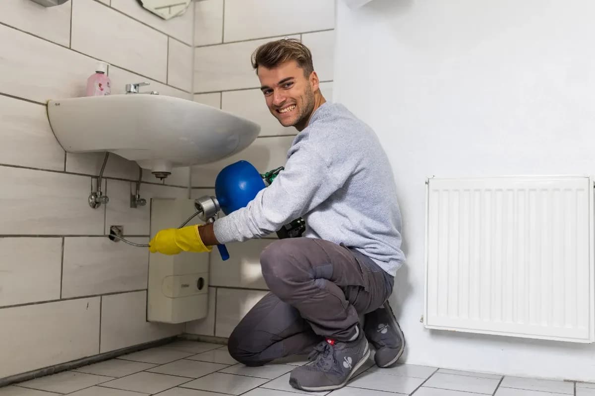 Sarotech-Techniker reinigt einen Waschbeckenabfluss mit der Spirale